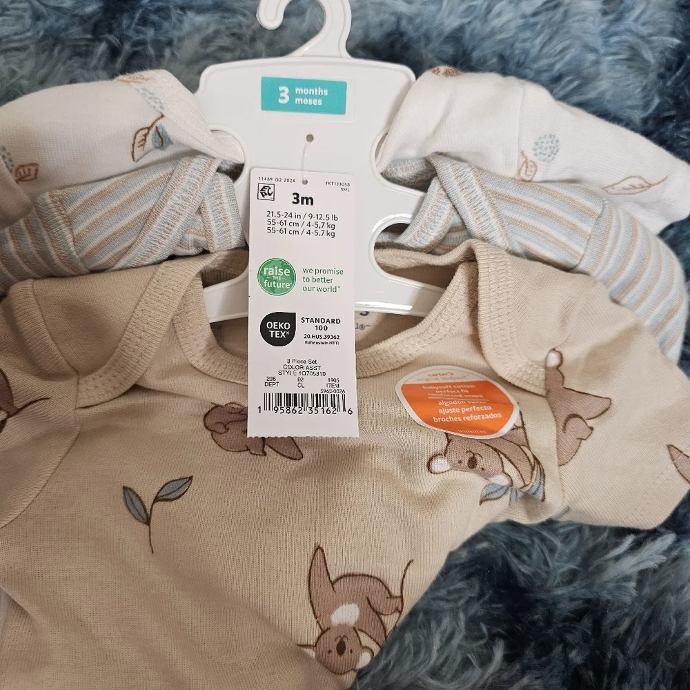 Carter's 3 Pack Baby Unisex Kuala Stripes Leaves Snap Bottom Bodysuits
